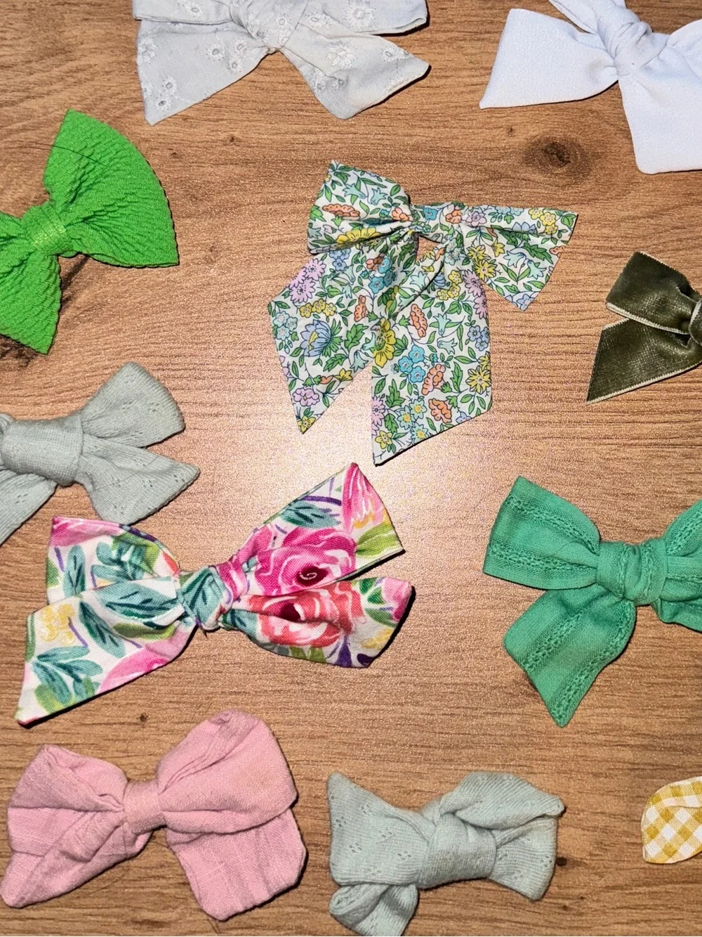 Handmade Kids Bow Clip Set — Assorted Green, White, Pink Floral